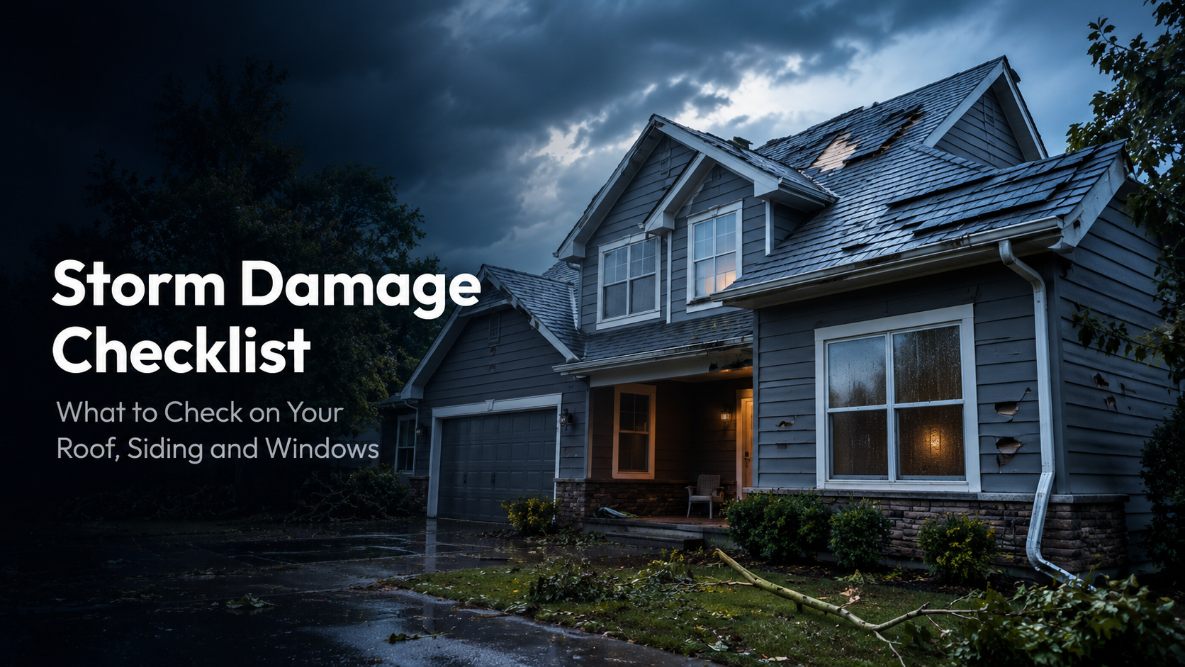 Homeowner inspecting roof siding and windows for storm damage